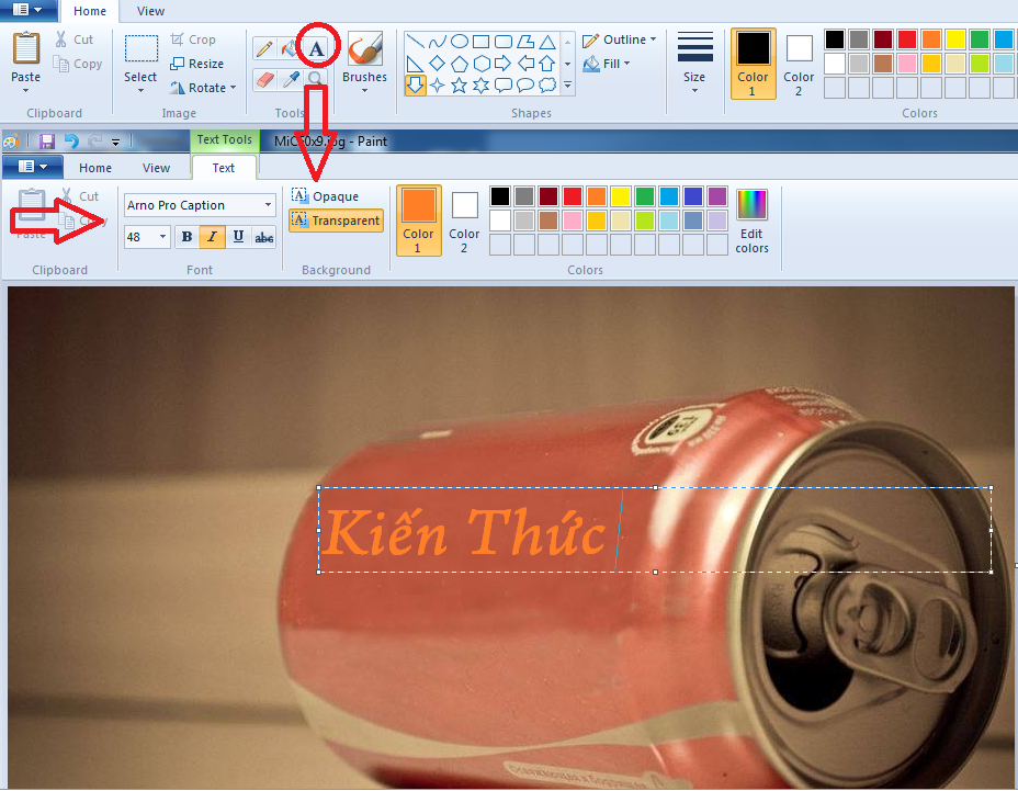 1. Tận dụng phần mềm Paint Bạn tải hình Coca-cola mà mình yêu thích, mở bằng Paint. Khi giao diện Paint mở, chọn hình chữ A. Một text box hiện trên hình lon Coca, bạn chỉ cần điền tên, chọn font và màu chữ. Tuy nhiên, nhiều font chữ của Paint có thể khiến bạn phát điên vì chúng thường lỗi với Tiếng Việt.